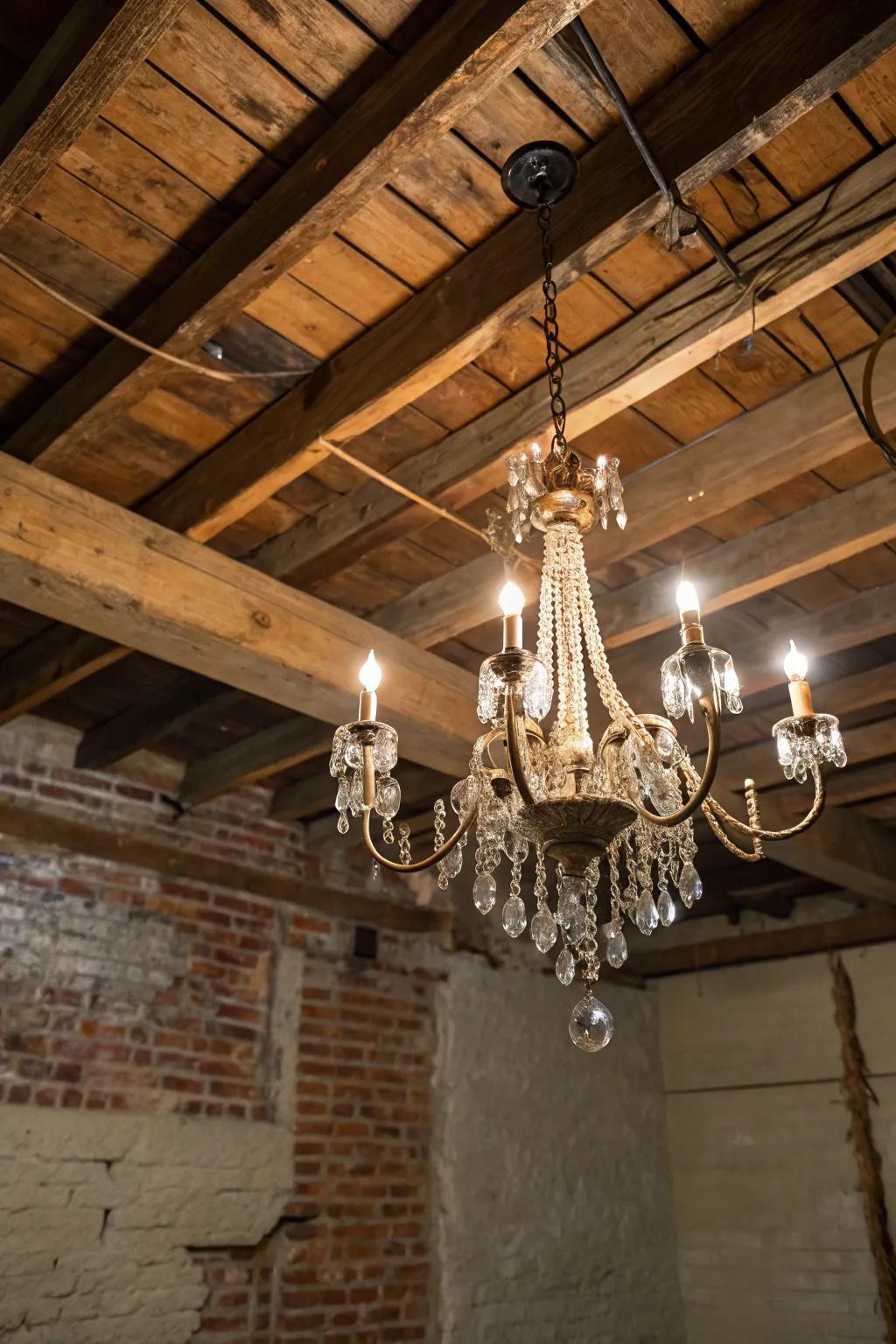 Elegance meets rustic charm: A vintage chandelier transforms this raw basement into a stylish haven.