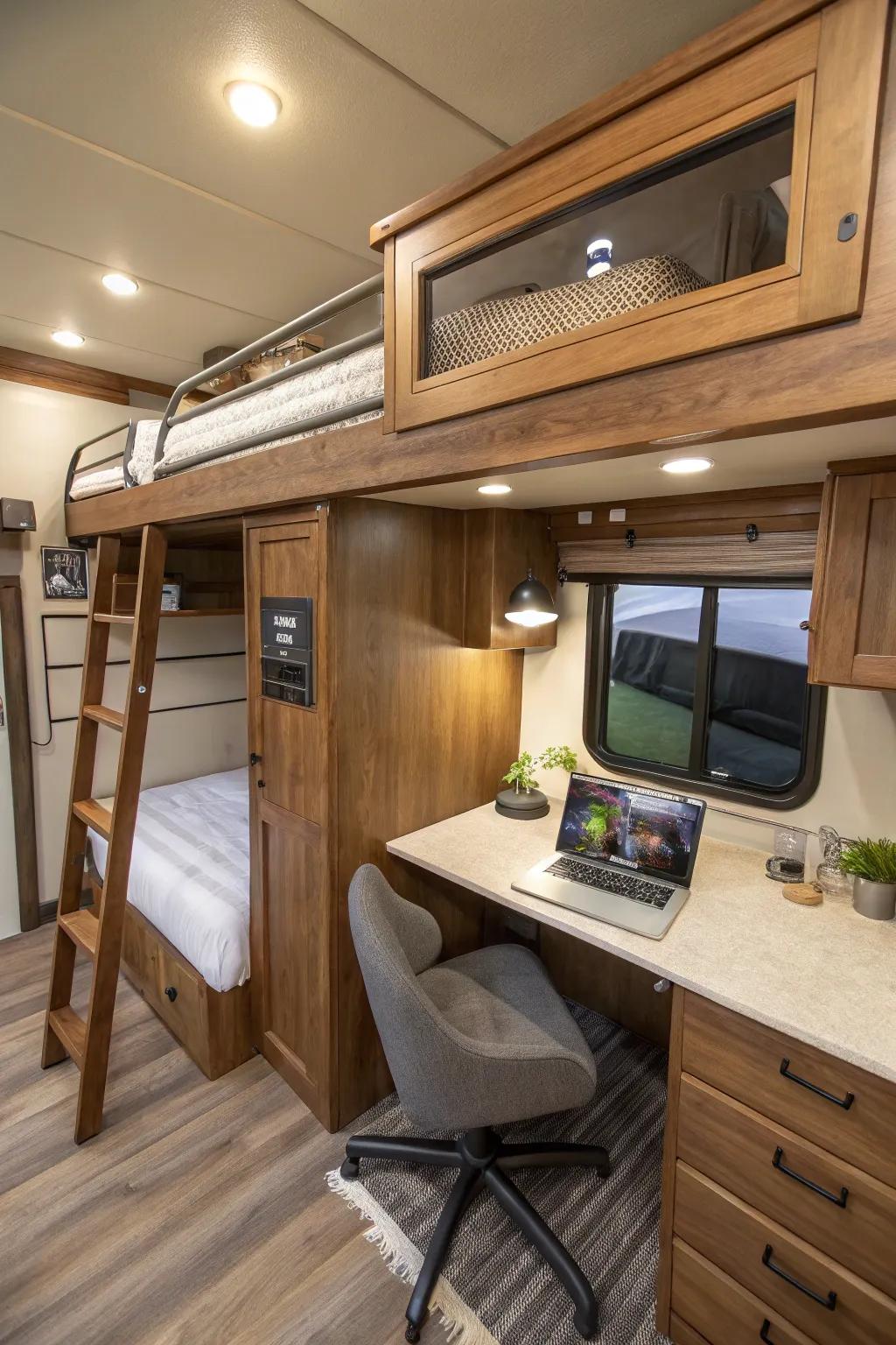 Elevate your RV space with a handcrafted loft bed that unveils a functional office nook below.