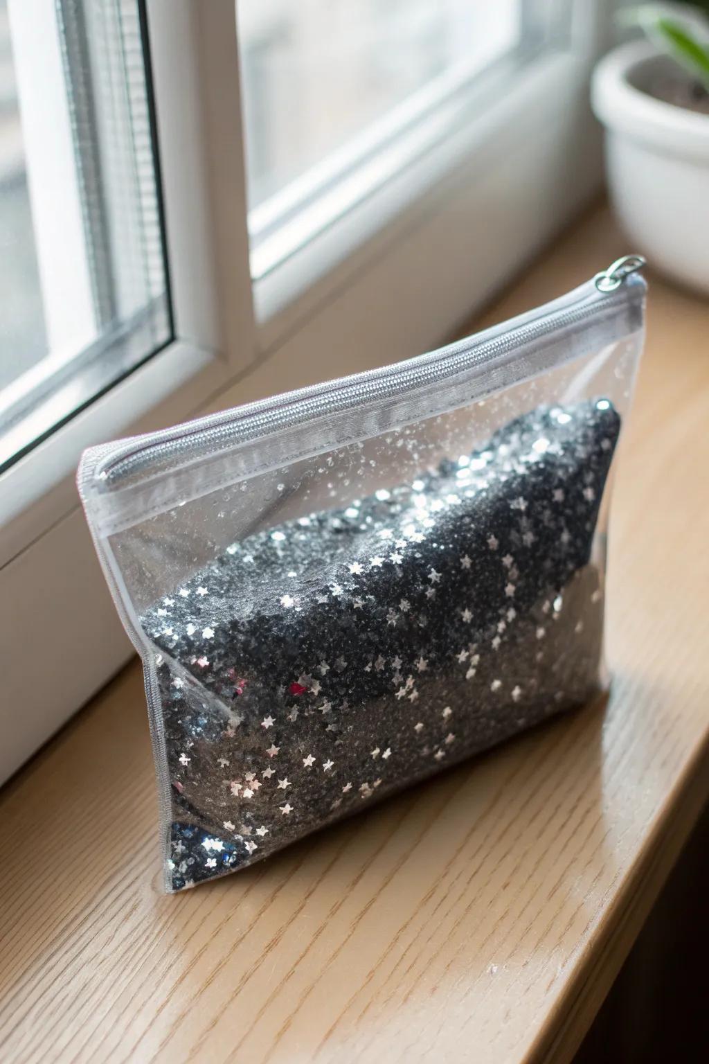 Discover the cosmos in your hands with this Glittery Galaxy Bag, where simplicity meets celestial wonder.