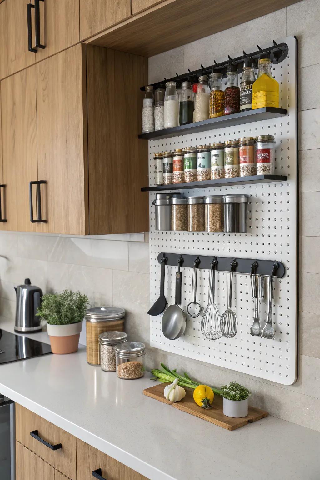 A wall-mounted pegboard provides versatile storage for shaker bottles and accessories.