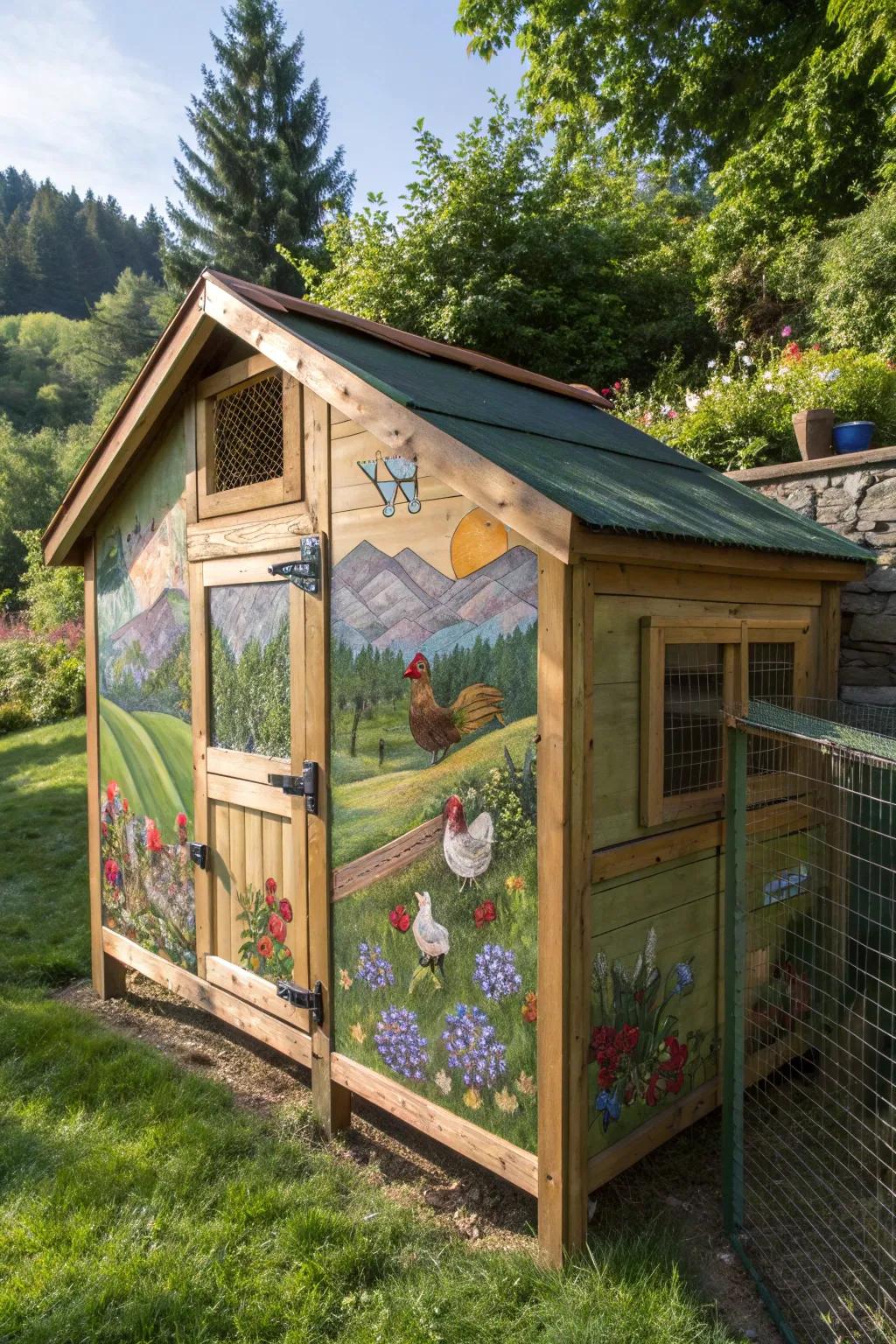 Transform your chicken coop into a canvas of creativity, where art meets craftsmanship.