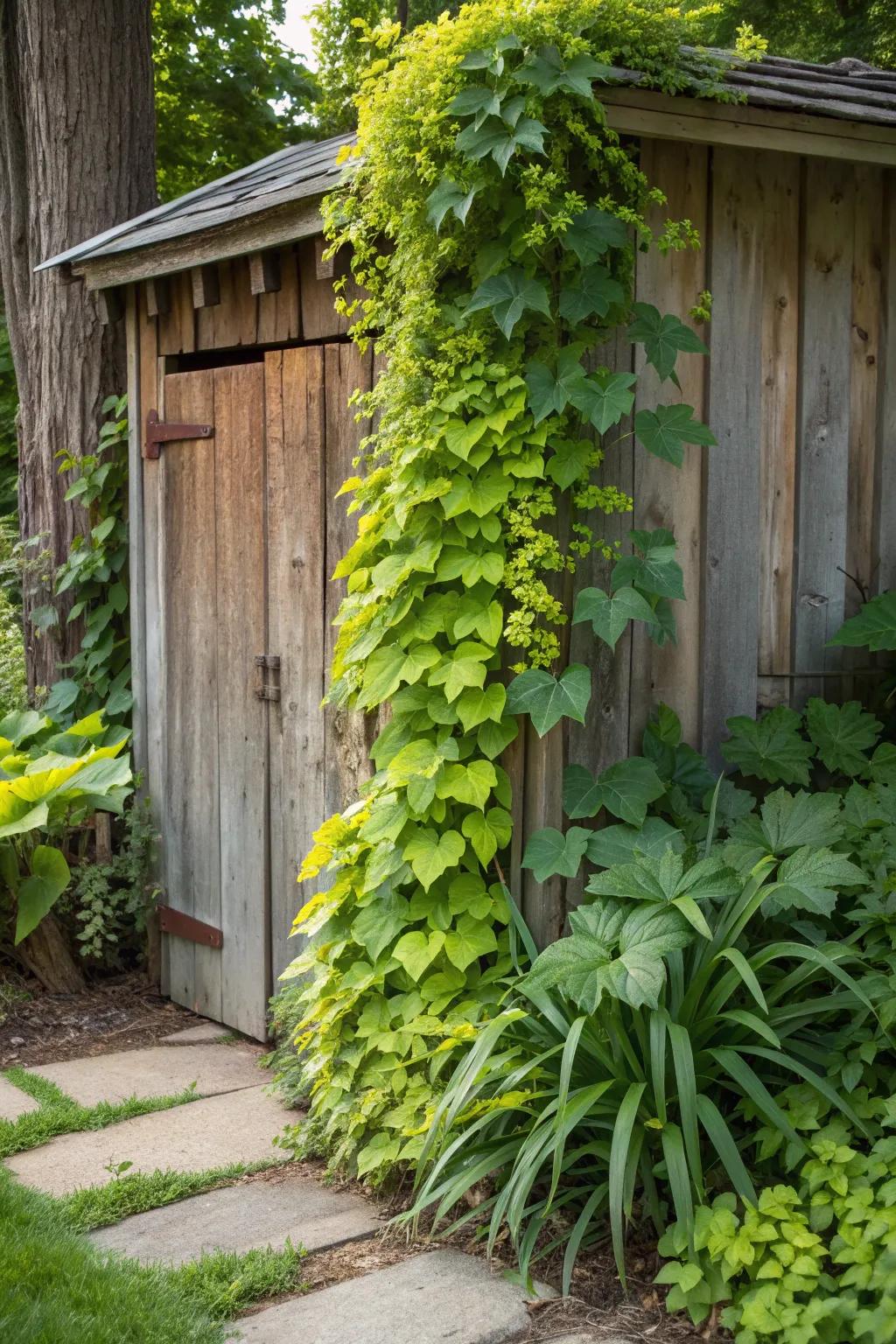 Transform your shed into a garden masterpiece with a lush living plant skirt.