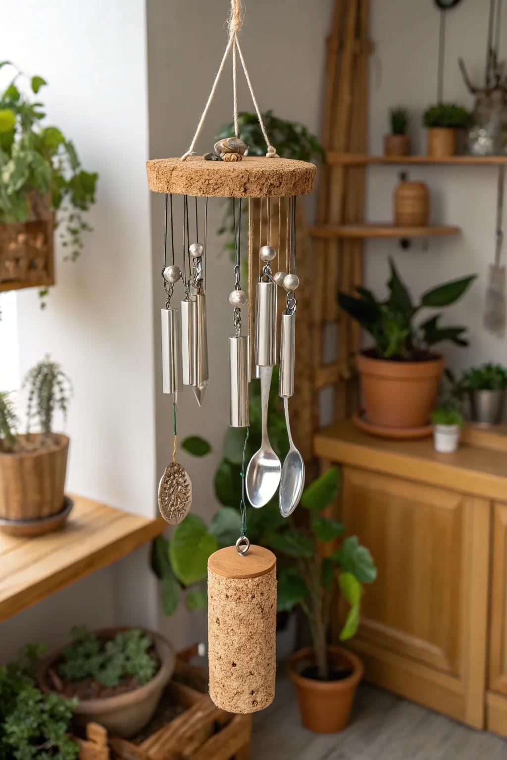A cork base adds an eco-friendly touch to this wind chime.