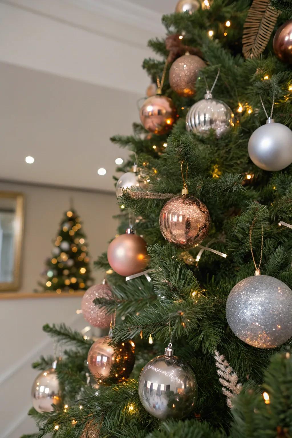 Mixed metals provide a warm glow and sophisticated style to your Christmas tree.