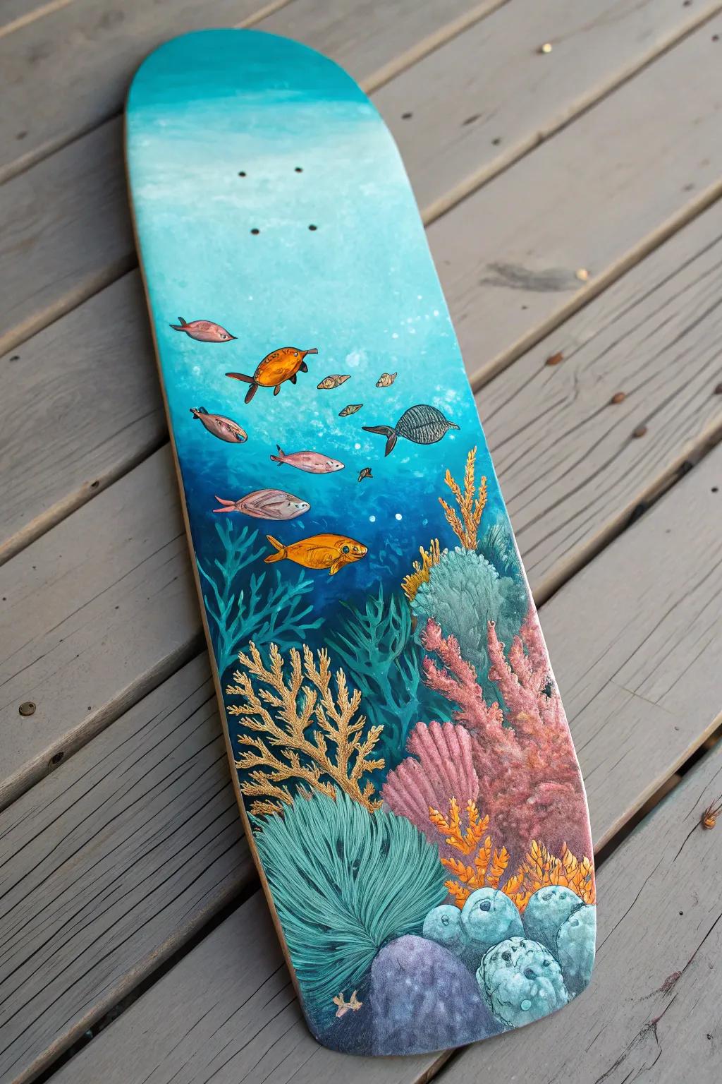 Dive into creativity with this handcrafted underwater-themed skateboard, where vibrant marine life comes alive.