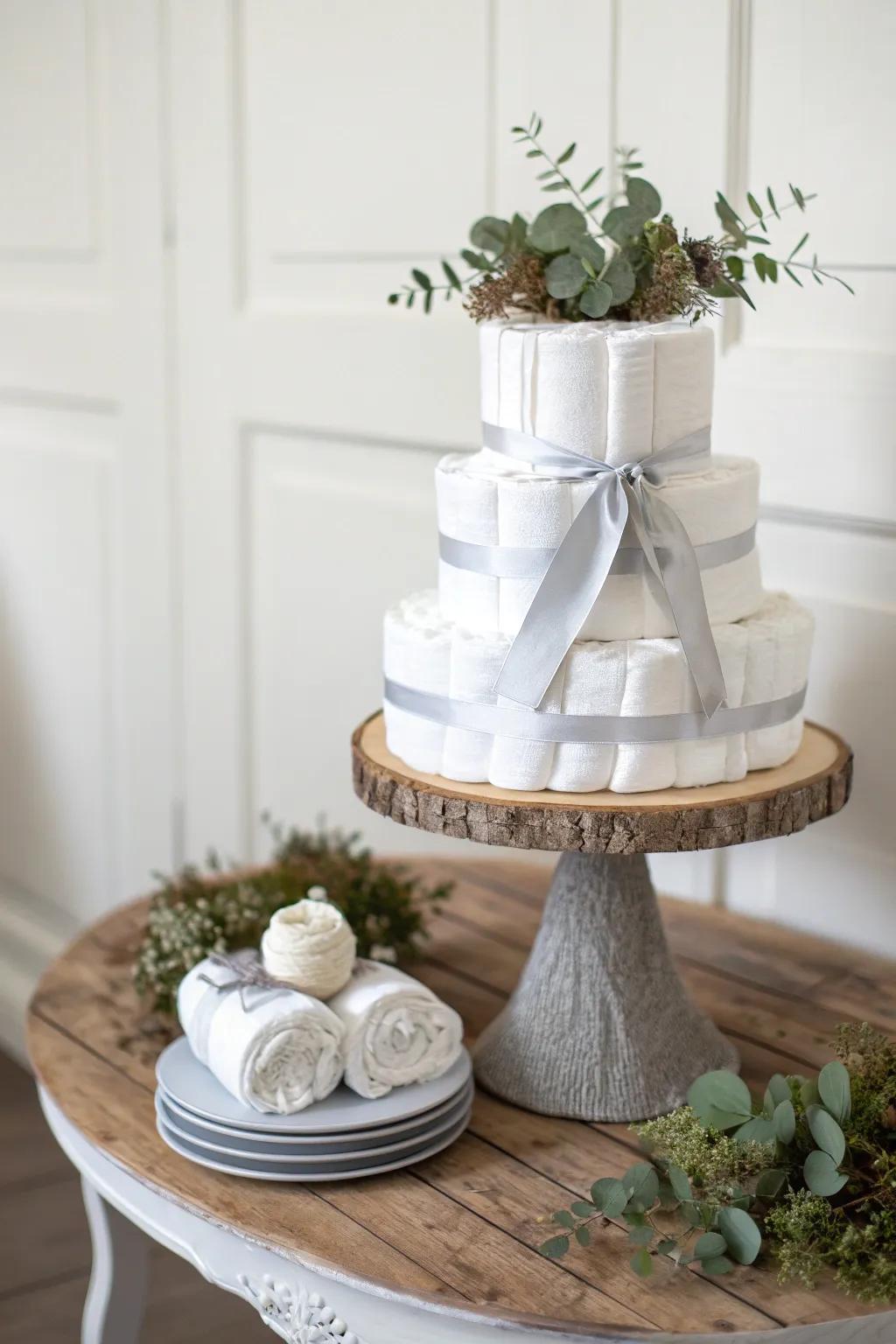 Embrace simplicity with this chic minimalist diaper cake, perfect for a sophisticated baby shower.