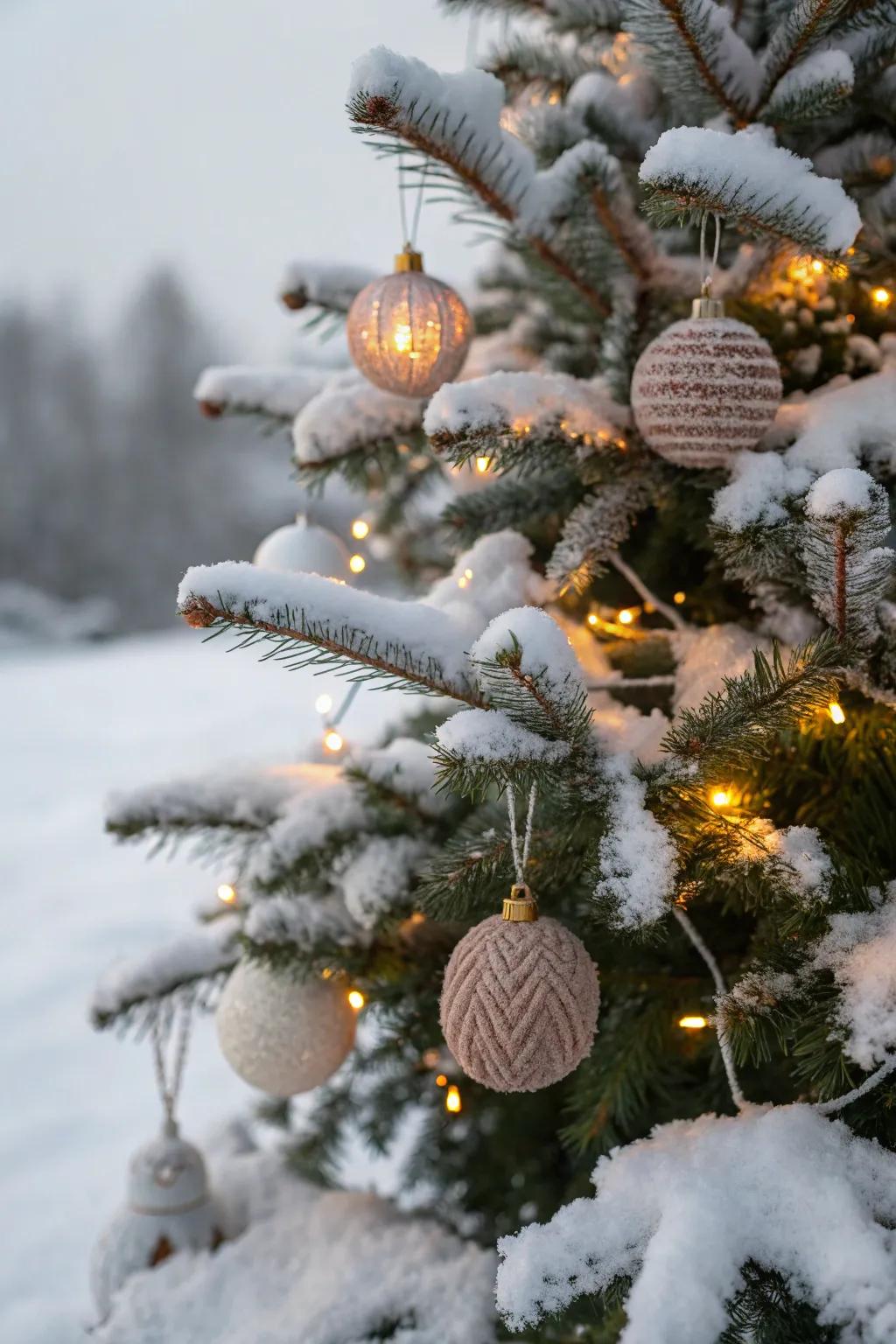 Cozy knit accents adding warmth to a snowy Christmas tree.