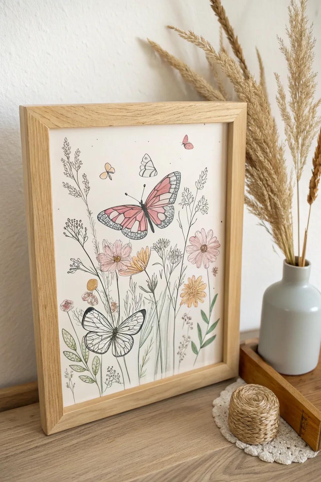 Embrace the colors of spring with this enchanting butterfly garden illustration. A perfect blend of minimalism and boho charm for your home.