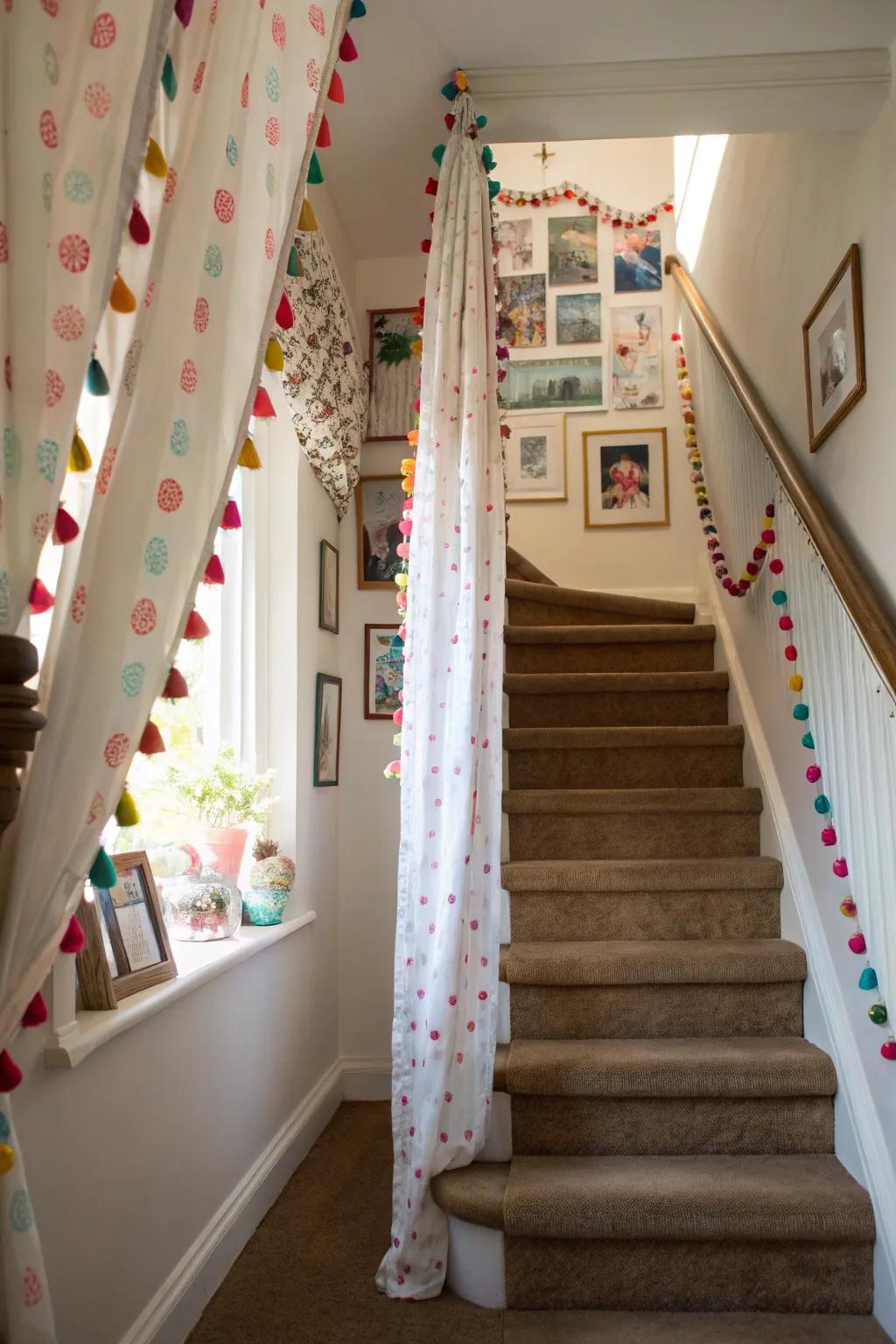 Pom-pom trimmed curtains bring a playful and fun element to your stairwell.