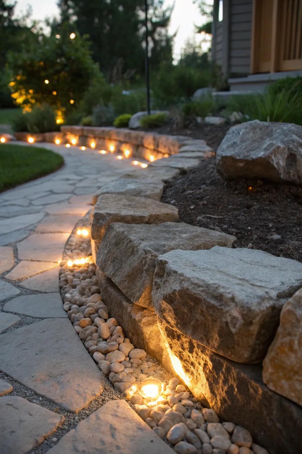 Transform your garden into a glowing nighttime retreat with illuminated stone edging.