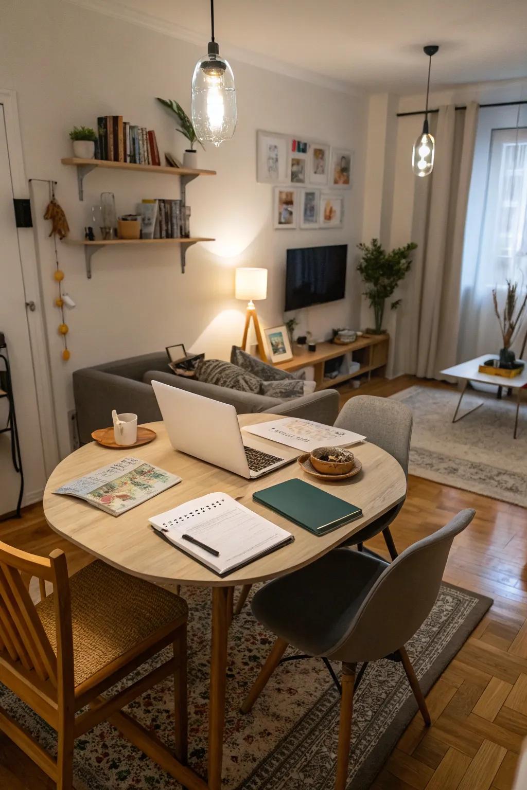 Multi-functional tables serve as dining areas and workspaces.