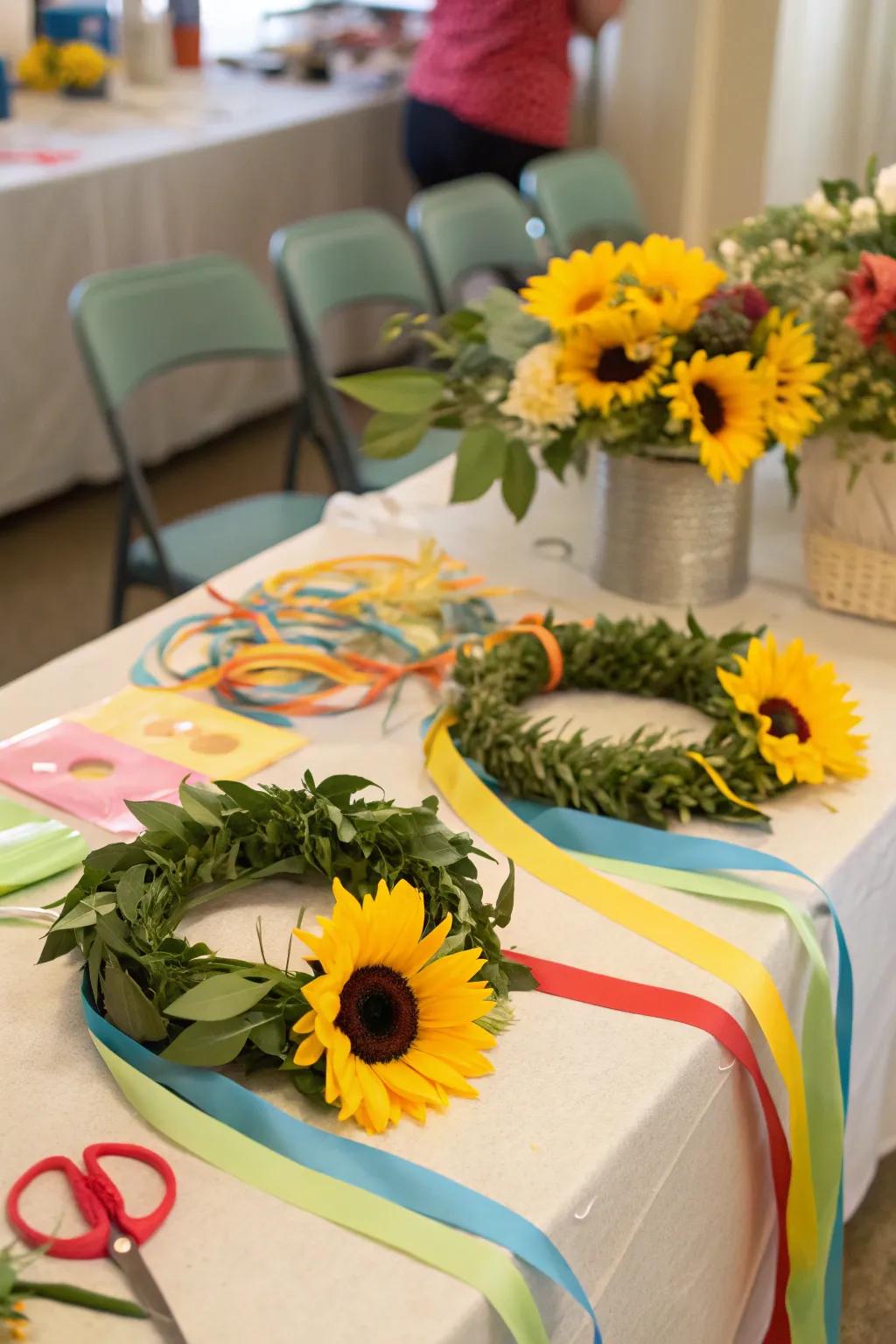 A sunflower crown station offers a creative and memorable activity.