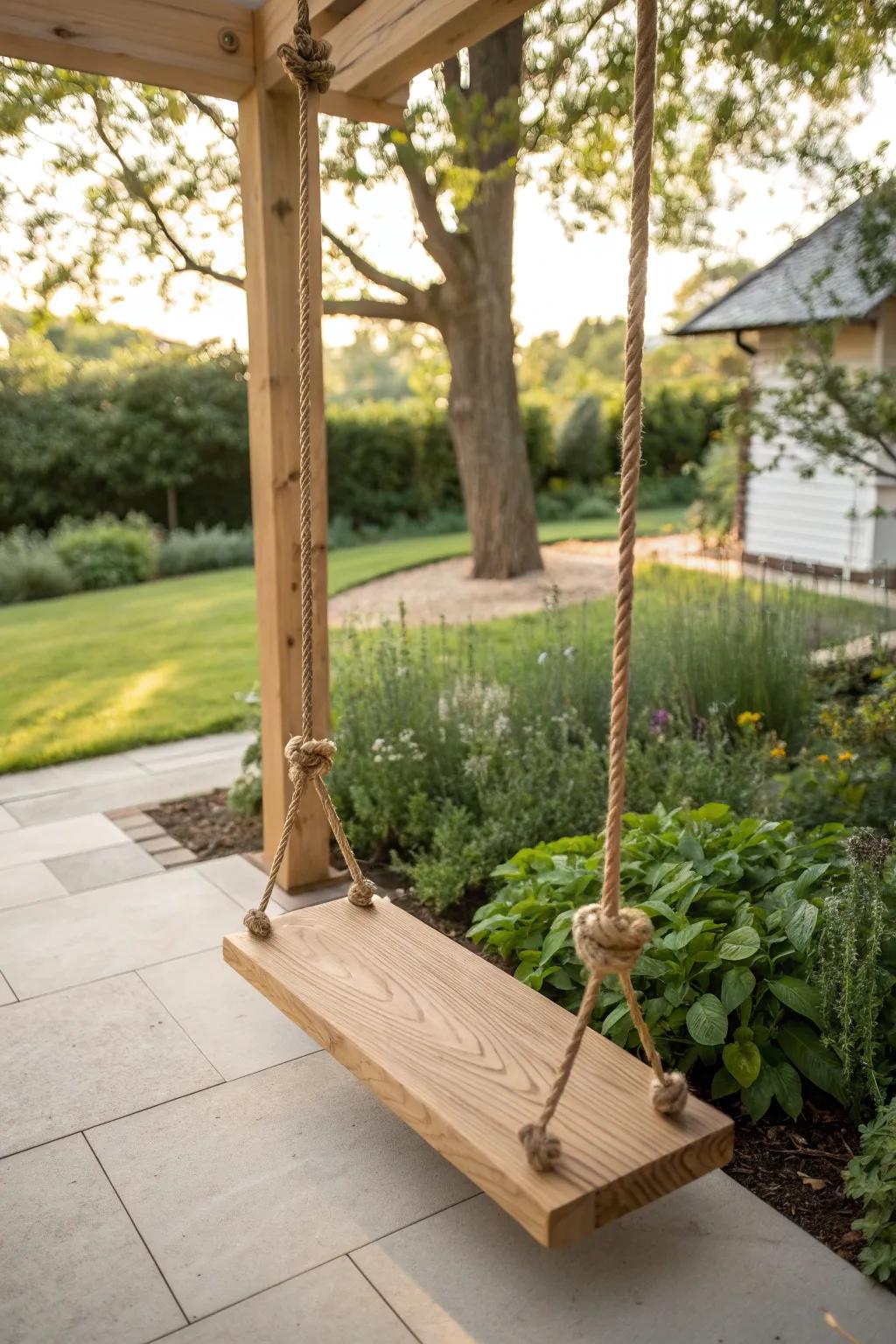 Enhance your garden with a charming swing set that blends play with nature's beauty.
