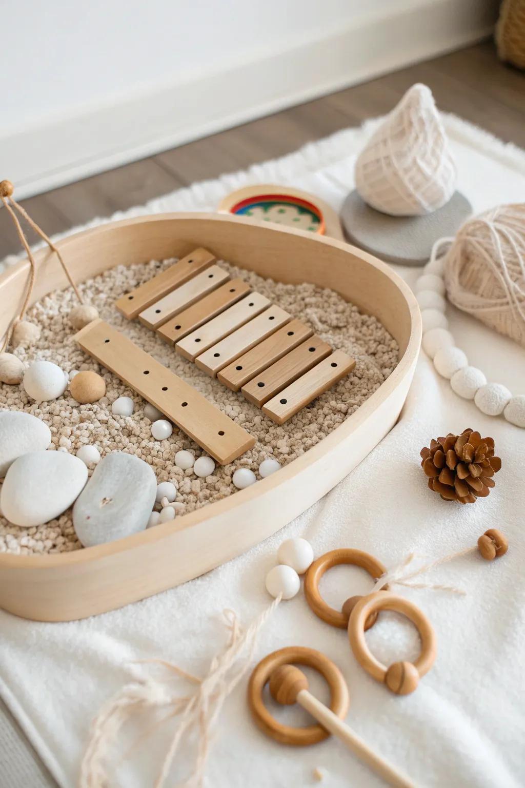 Discover the joy of sound with this beautifully crafted sensory bin, perfect for little hands to explore.