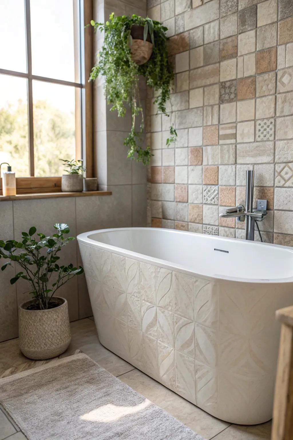 Elevate your bathroom with the organic charm of textured tiles, blending Scandinavian minimalism with a boho twist.