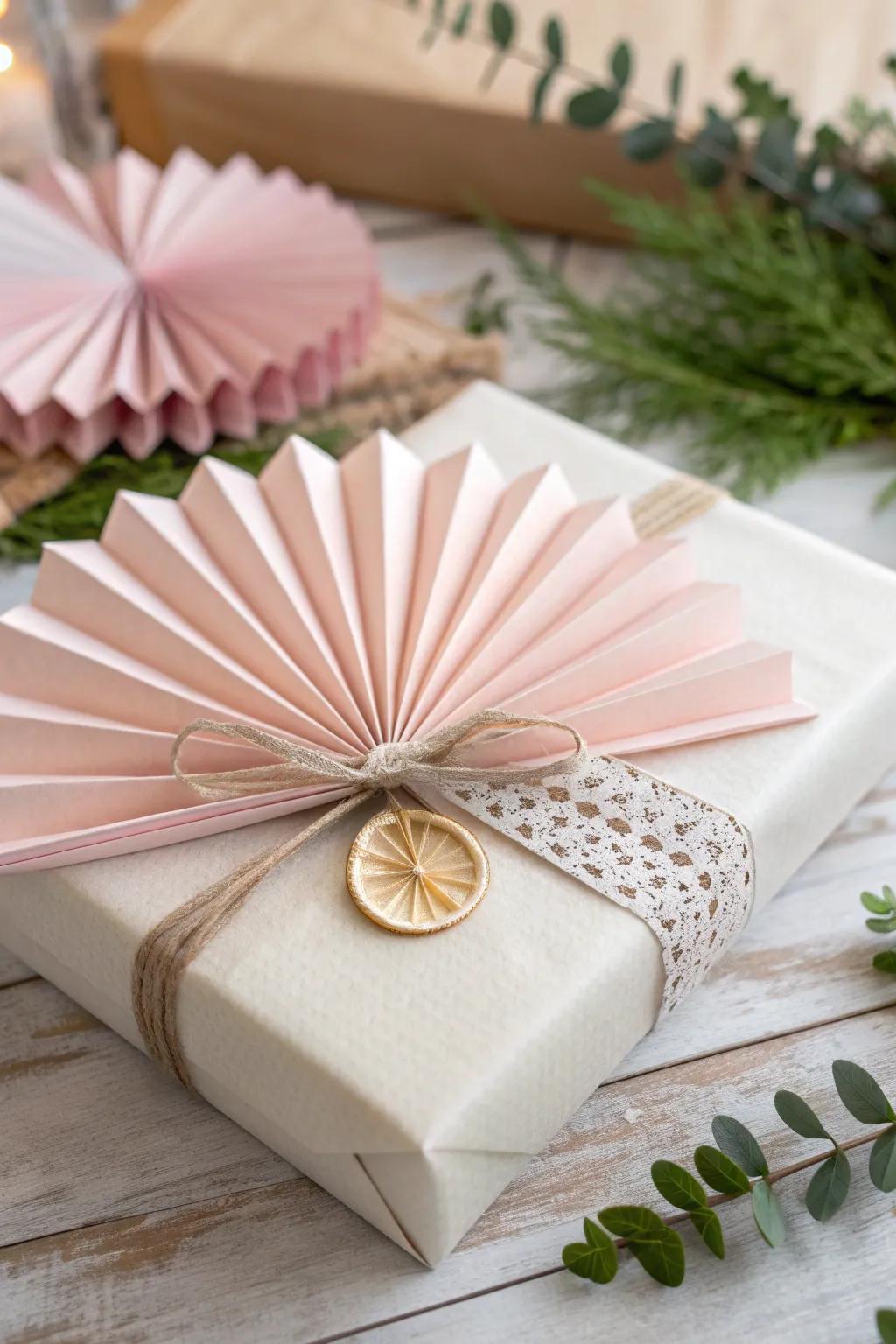 Add a whimsical touch to your gifts with delicate tissue paper fans, perfect for any festive occasion.