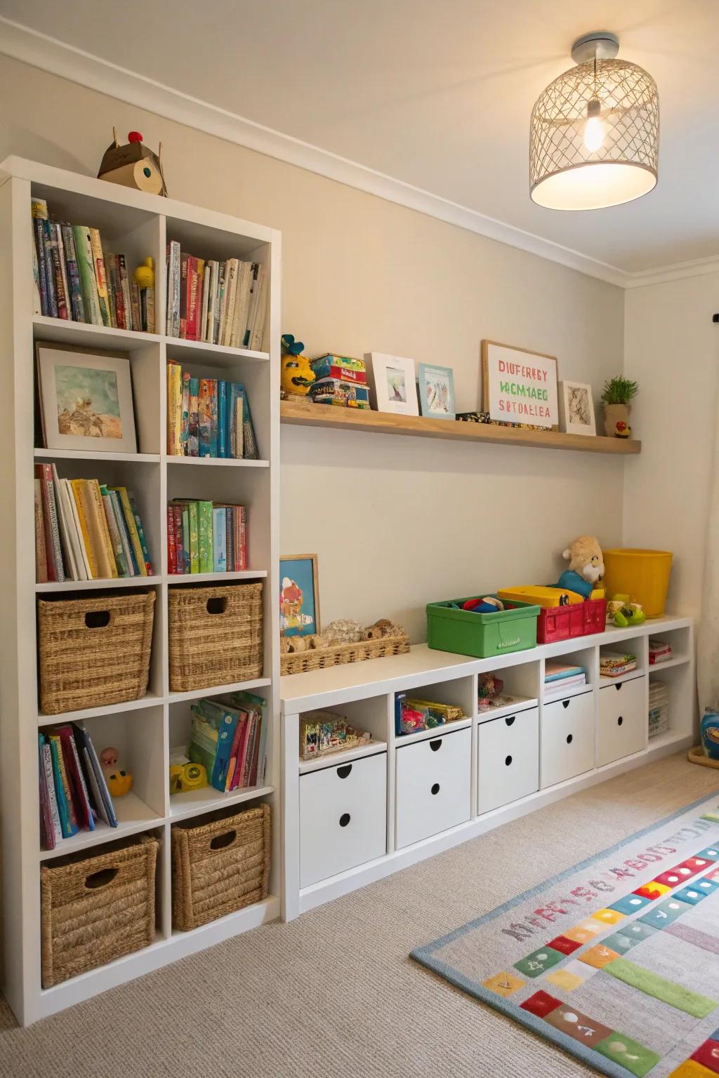 Wall-mounted storage keeps essentials organized and accessible.