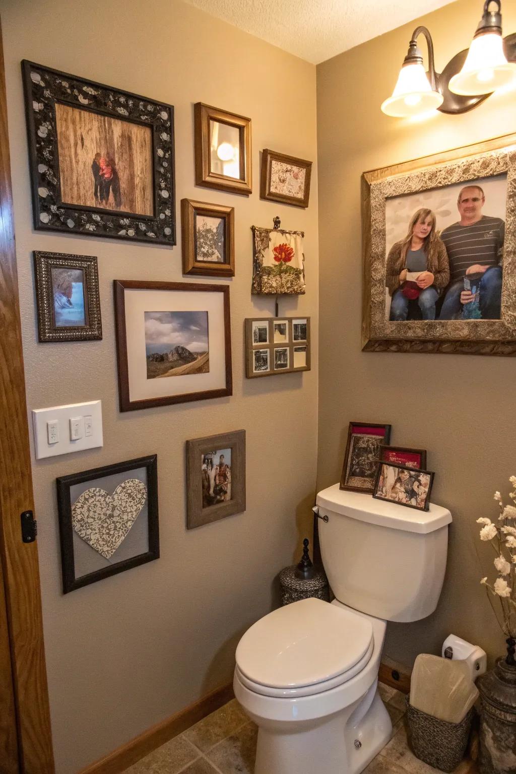 Personalized touches adding warmth to a toilet room.