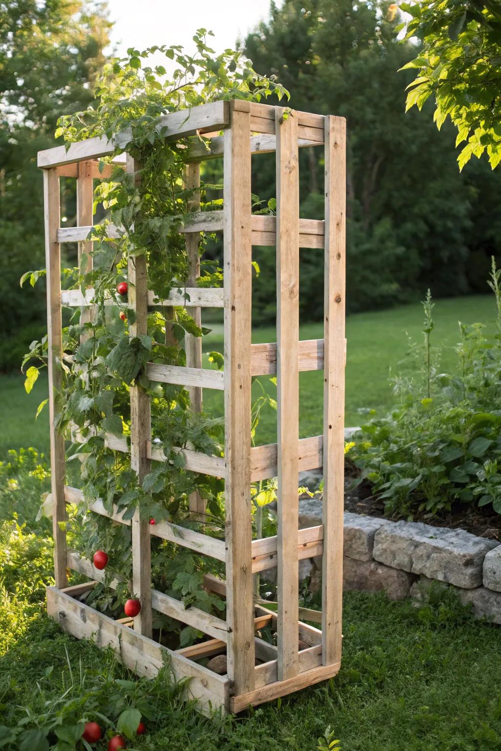 Elevate your garden's charm with a rustic recycled pallet trellis, where simplicity meets eco-friendly elegance.