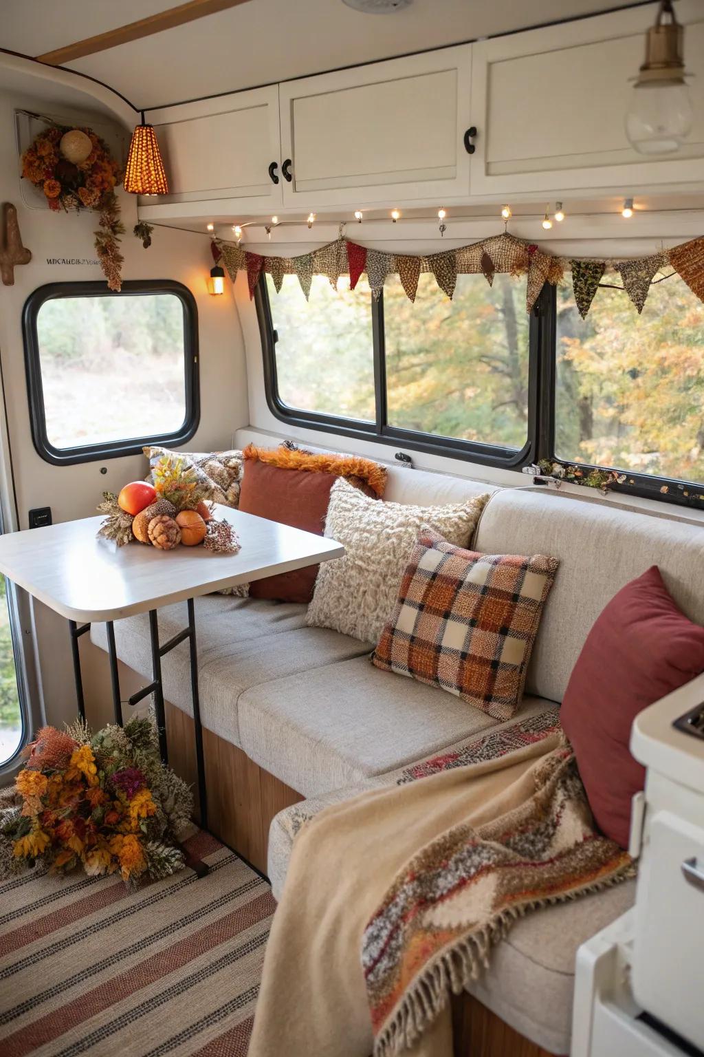 A travel trailer showcasing seasonal decor swaps for a fresh and updated look.