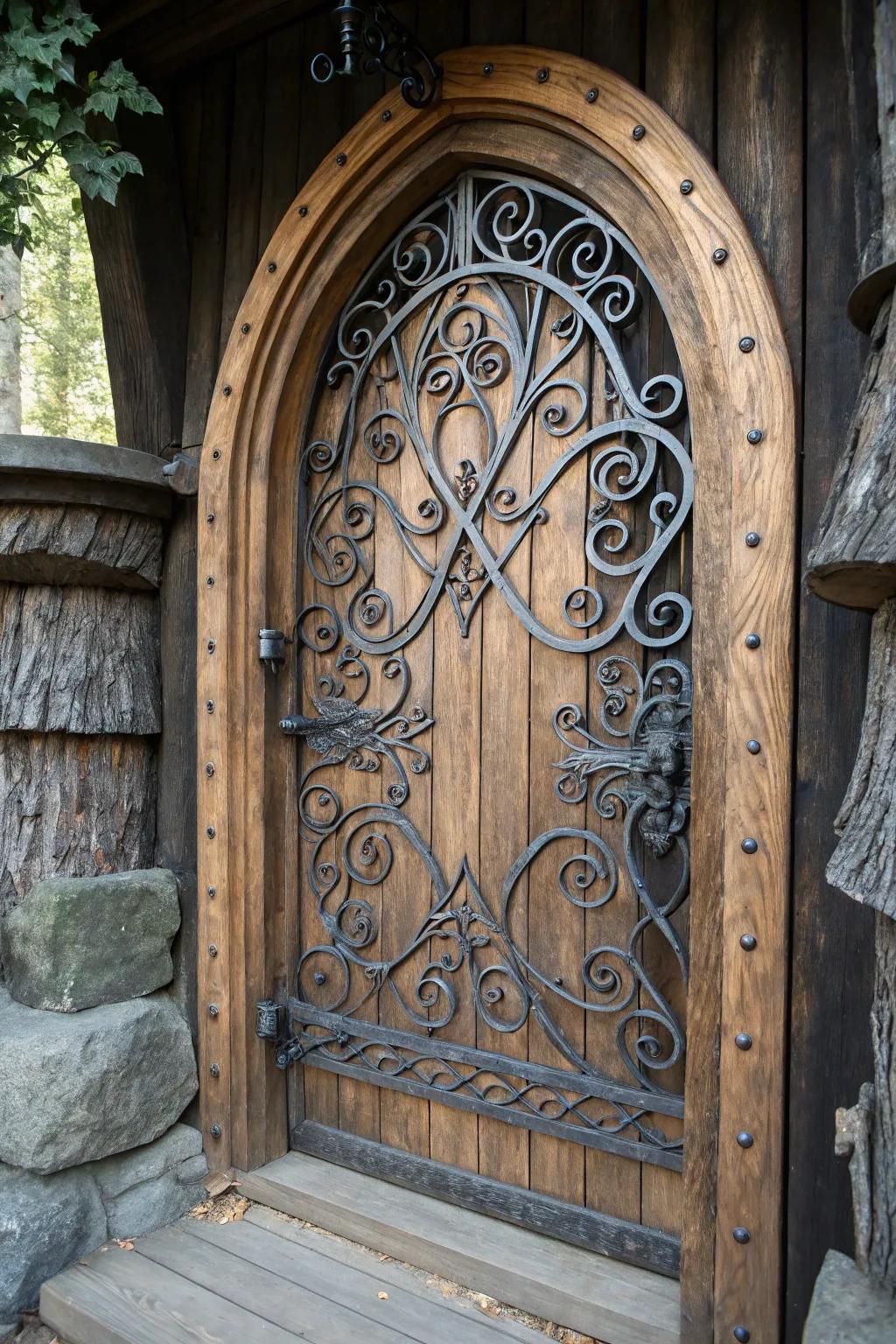 Unlock the charm of medieval craftsmanship with intricate ironwork on your treehouse door.