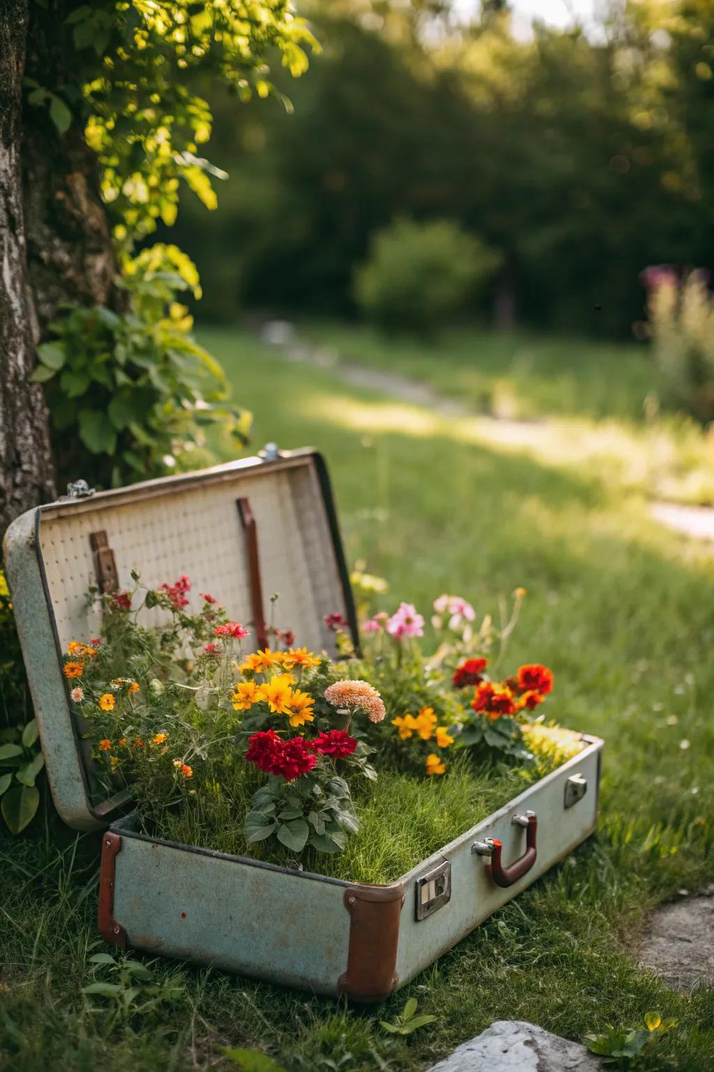 Transform your garden with a charming suitcase flower bed—where vintage meets nature in minimalist beauty.