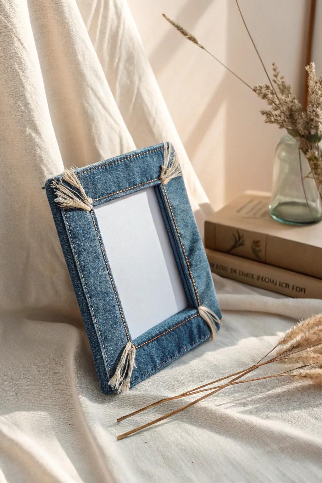 Transform old jeans into a chic denim picture frame for a touch of rustic elegance in your home decor!