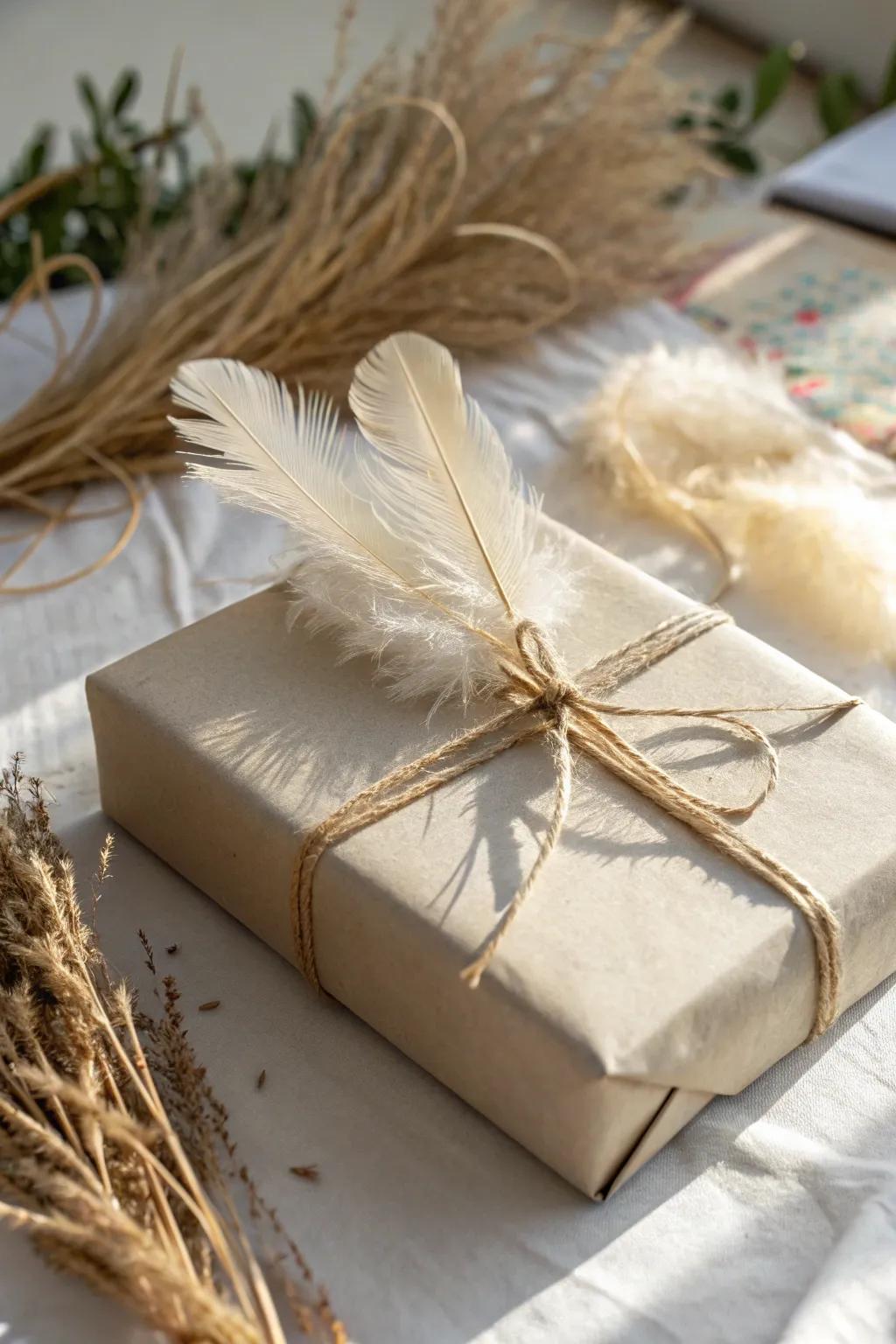 Add a touch of boho elegance to your gifts with this feathered wrapping idea!
