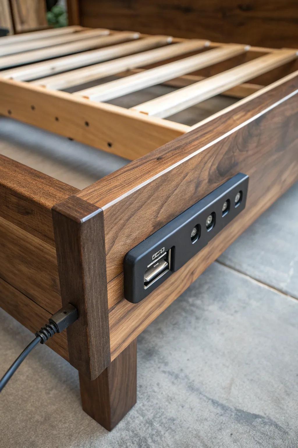 Elevate your space with a handcrafted bed frame featuring a sleek, built-in charging station. Perfect for the modern craftsman.