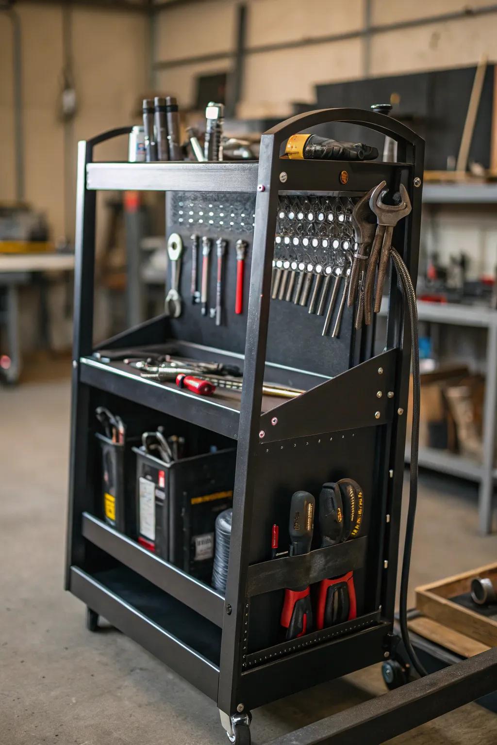 Master the art of organization with this expertly crafted welding stand featuring integrated tool storage.