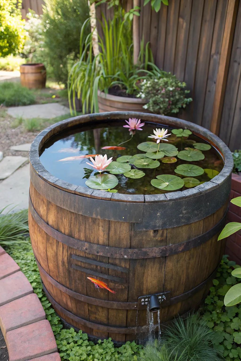 Discover tranquility with a wine barrel garden pond: where craftsmanship meets nature's beauty.
