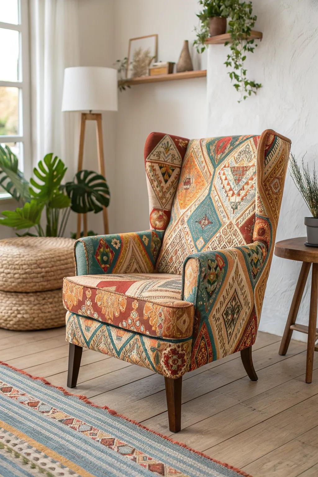 Embrace wanderlust with a boho-inspired wingback chair that speaks volumes in vibrant prints.