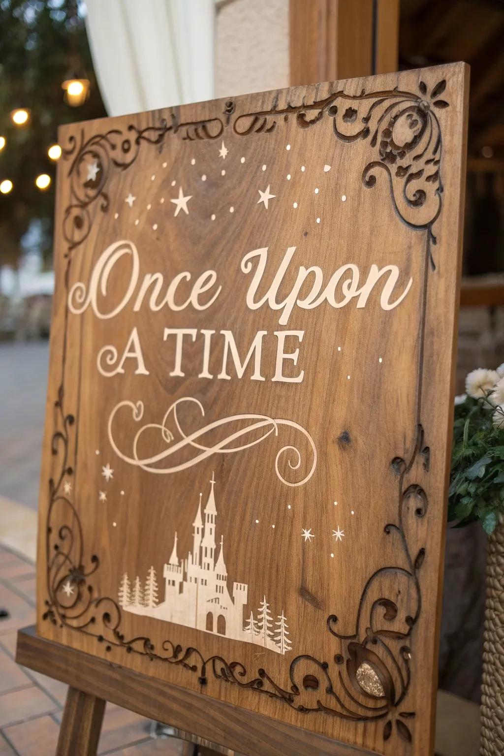 Step into a fairy tale with this enchanting handcrafted wooden sign, perfect for dreamers and story lovers.