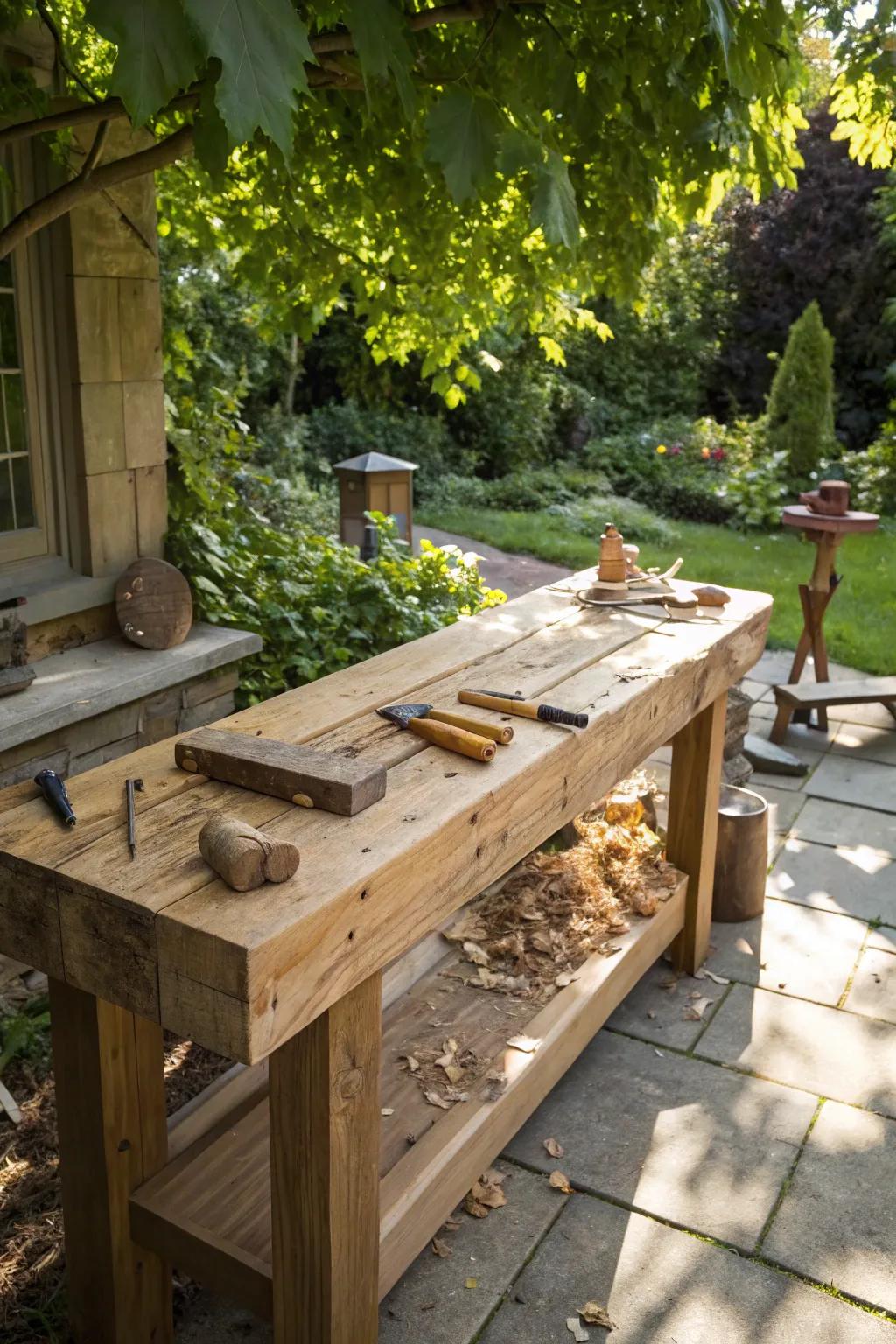 Craftsmanship meets nature: Transform your patio into a serene woodworking haven.
