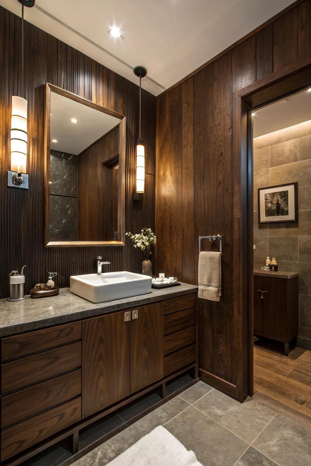 A bold statement with dramatic dark wood walls.