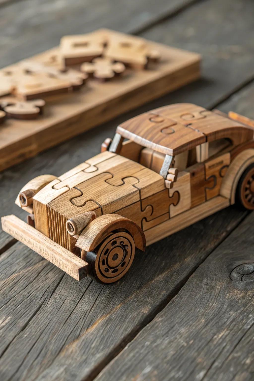 Unleash creativity and challenge the mind with this exquisite wooden puzzle car.