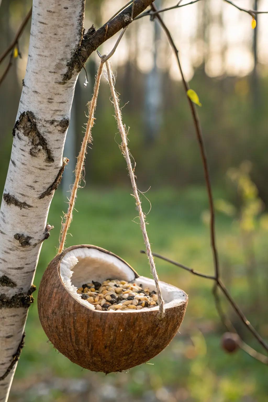 Bring a touch of tropical allure to your garden with this charming coconut shell bird feeder. 🌿🕊️ #ScandinavianSimplicity #BohoCharm