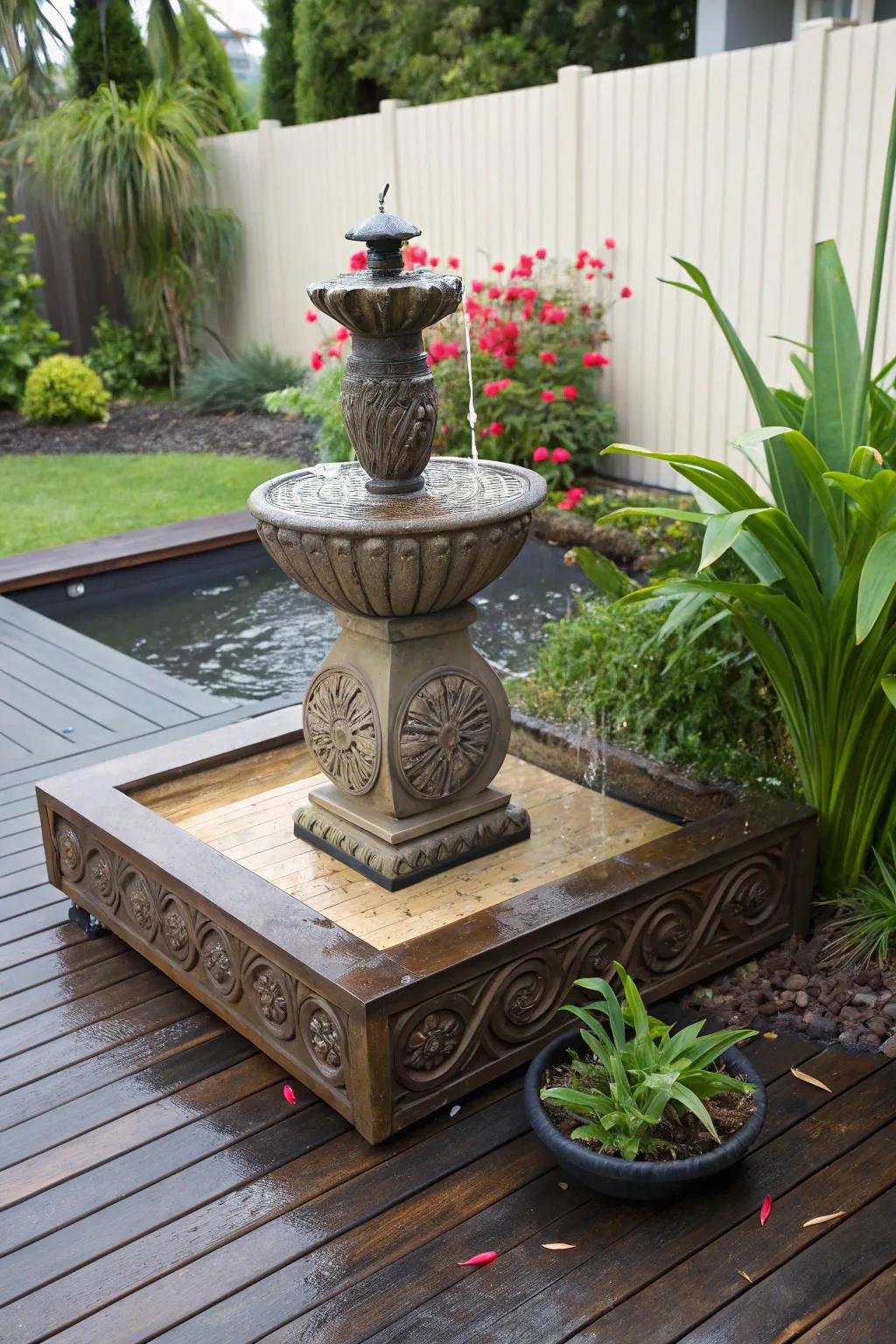Immerse yourself in serenity with this exquisite backyard water feature, a perfect blend of craftsmanship and nature.
