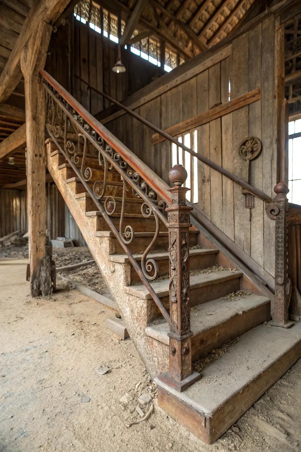 Antique hardware adds historical charm to barn stairs.