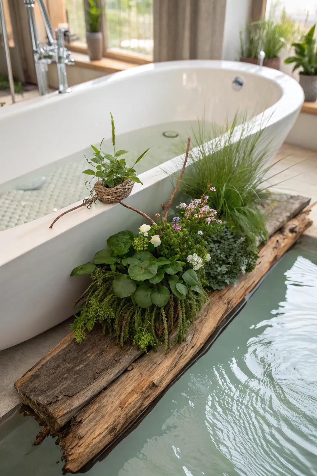 Transform your bathtub pond into a tranquil oasis with a stunning floating garden centerpiece.