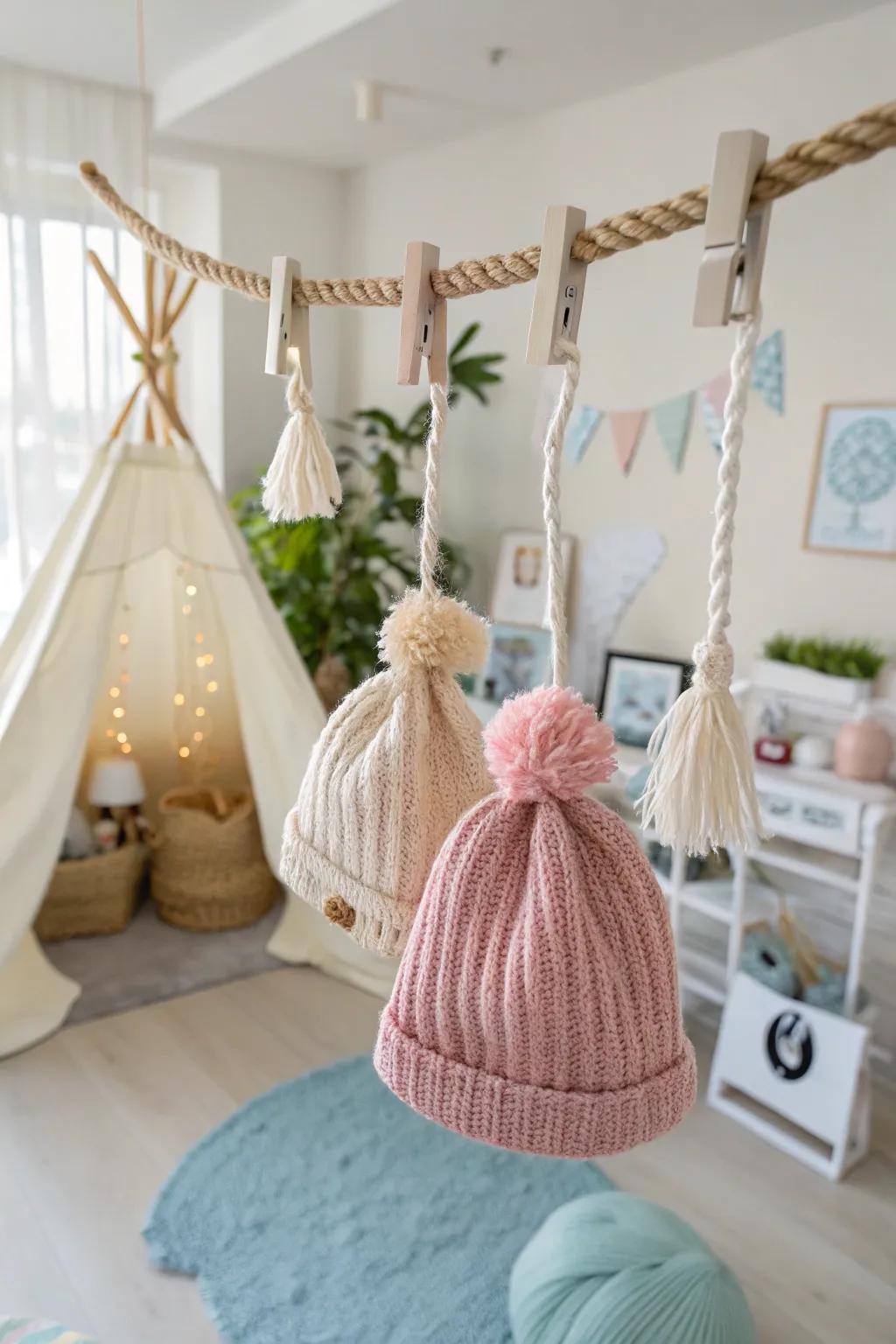 Hanging ropes create a whimsical display for your beanies.