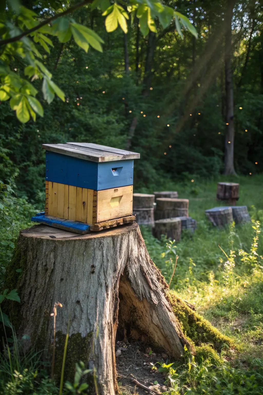 Elevate your bee hive with the natural beauty of a tree stump pedestal—where rustic charm meets striking craftsmanship.