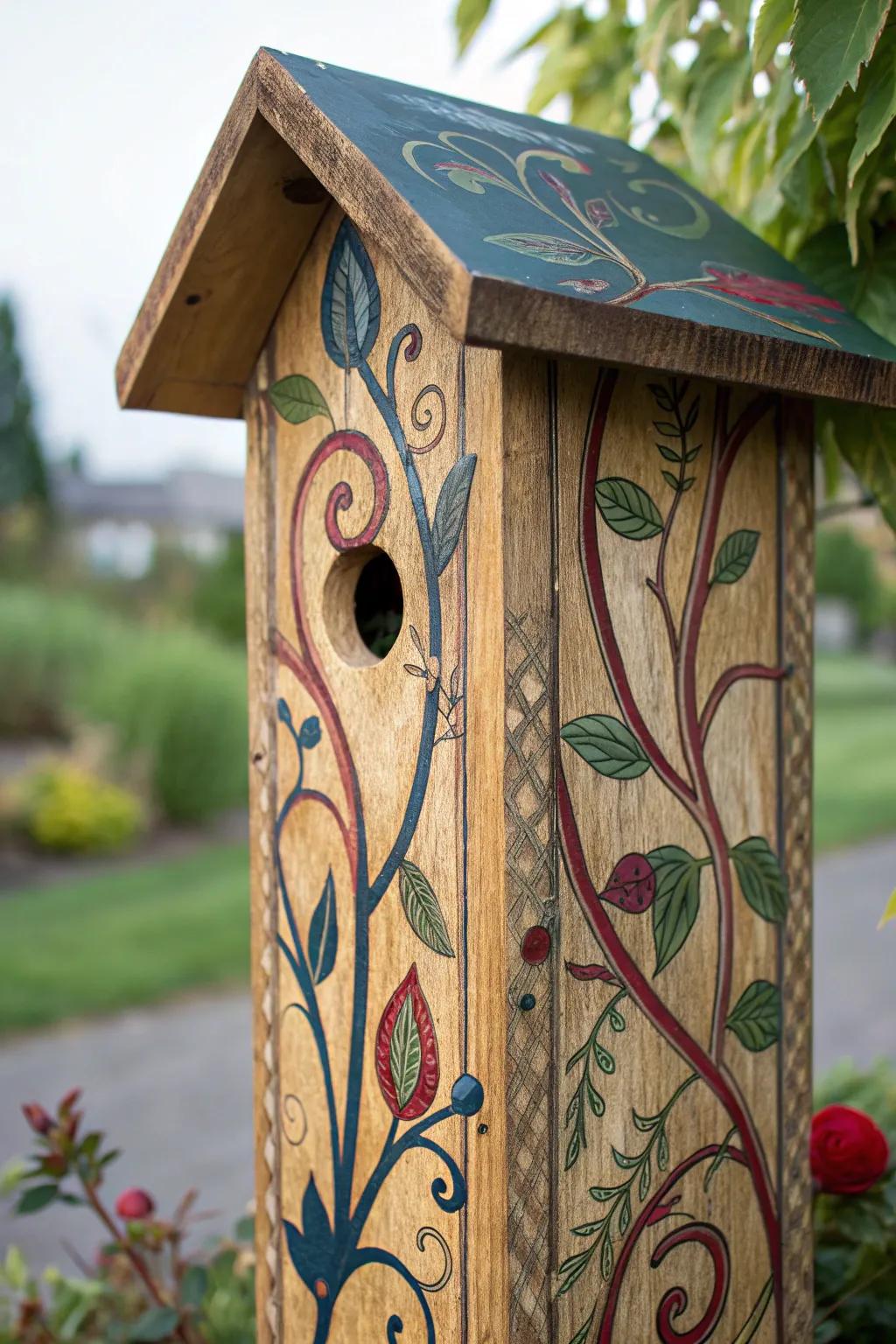 Craftsmanship meets nature: A striking birdhouse post adorned with vivid nature-inspired art.