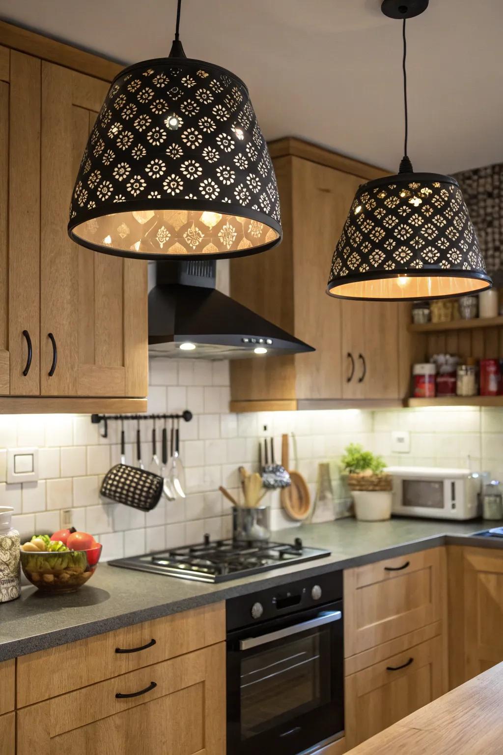 Patterned black fixtures add a playful touch to the kitchen.