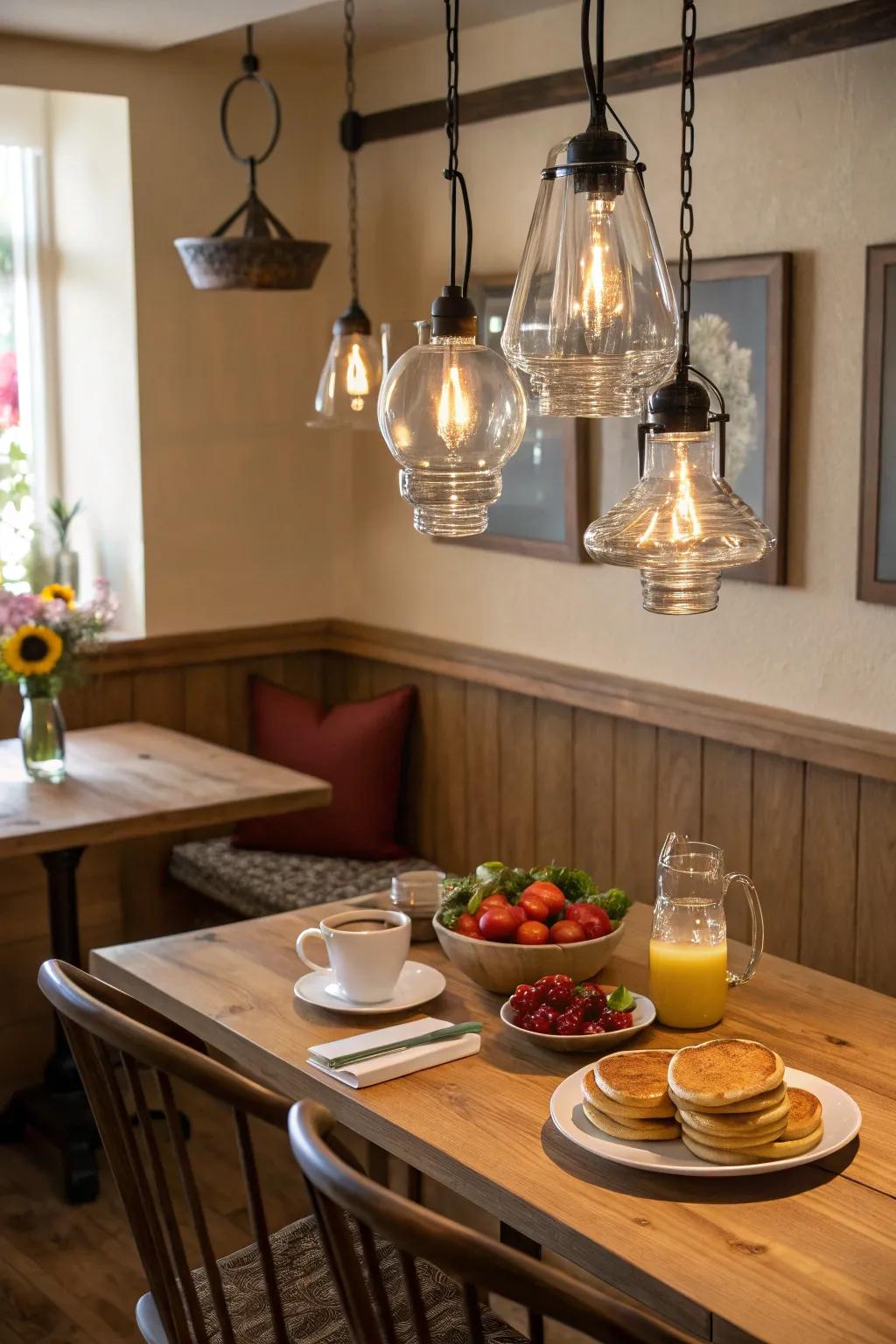 Artisan glass fixtures as the centerpiece of a breakfast nook.