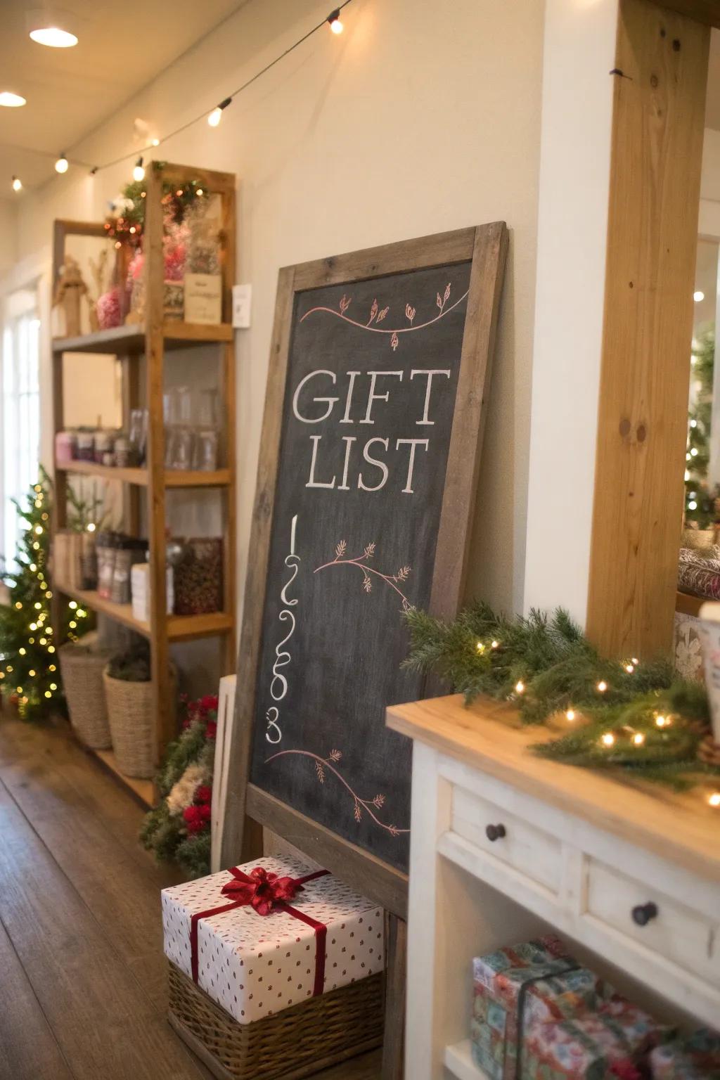 A chalkboard gift list makes it easy to remember who brought what.