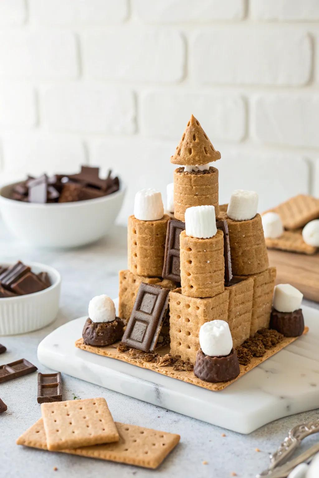 Indulge in this enchanting s'mores castle—a sweet escape with a minimalist charm.