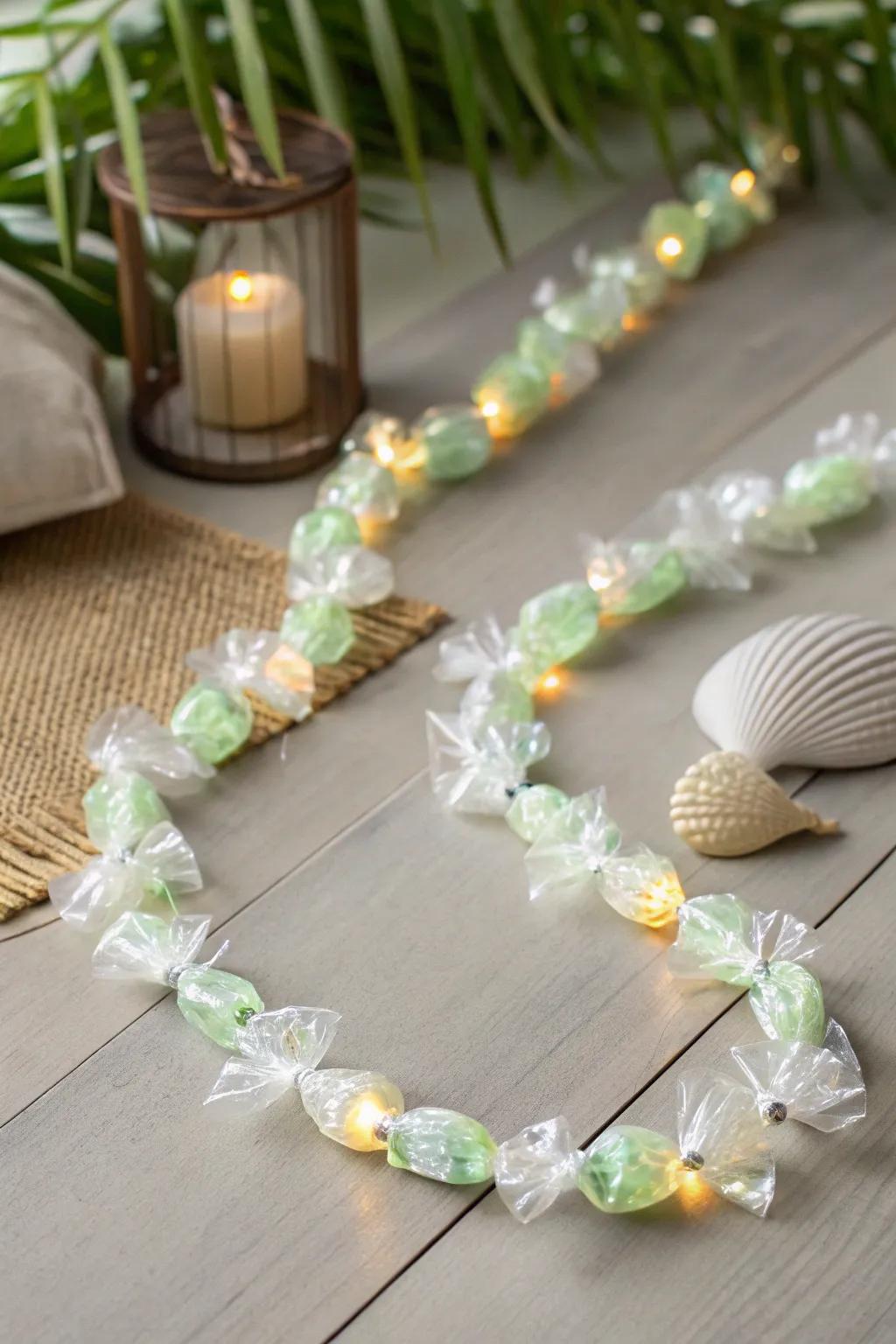 Illuminate your night with a handcrafted glow-in-the-dark candy lei, where simplicity meets enchanting radiance.