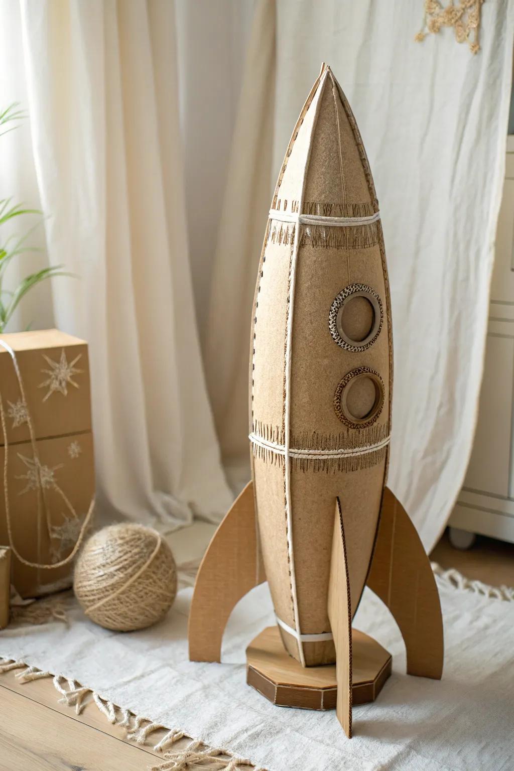 Blast off into creativity with this minimalist cardboard rocket, where Scandinavian simplicity meets cosmic allure.