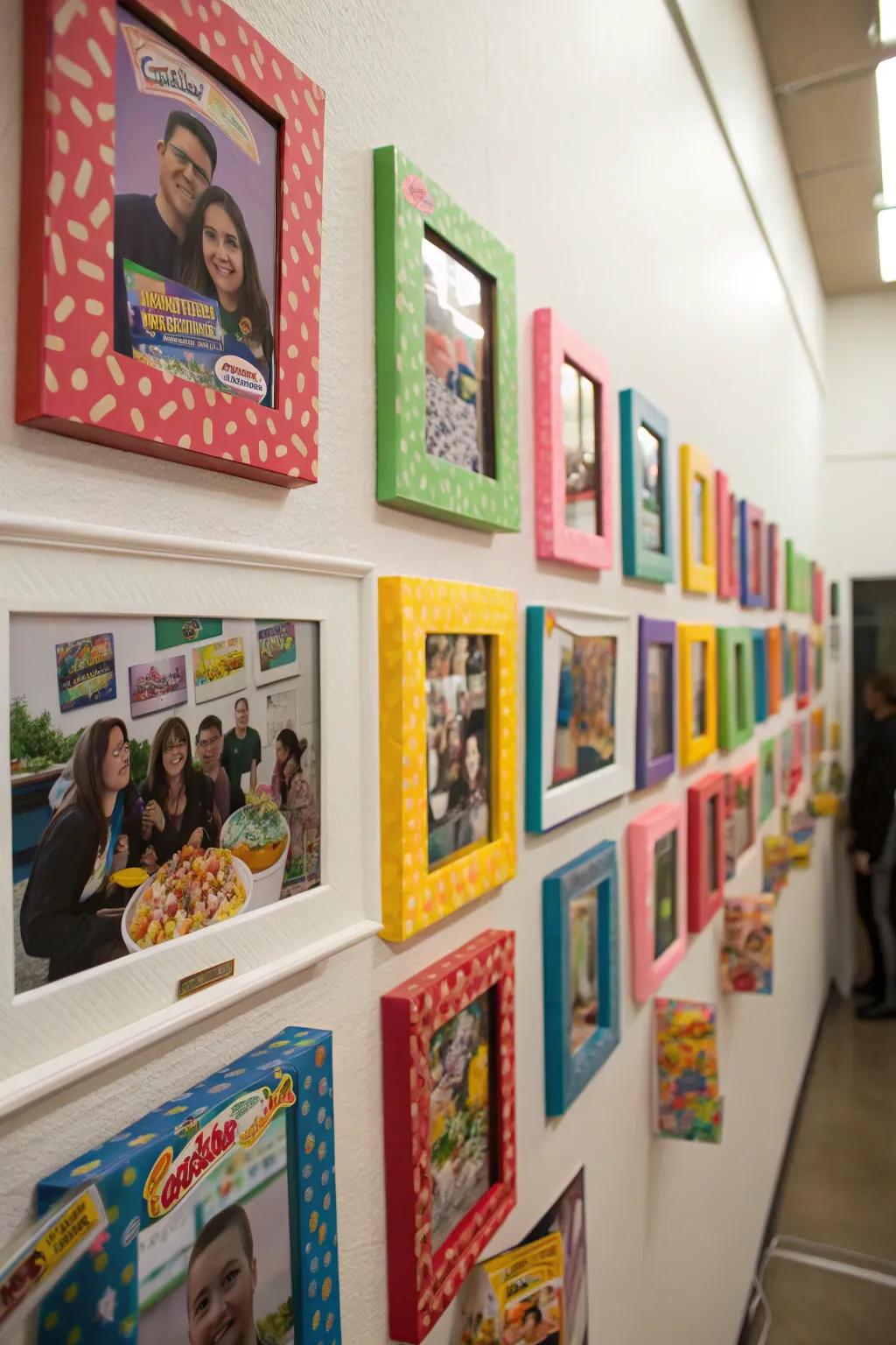 A wall with a photo collage of the party in cereal-themed frames.